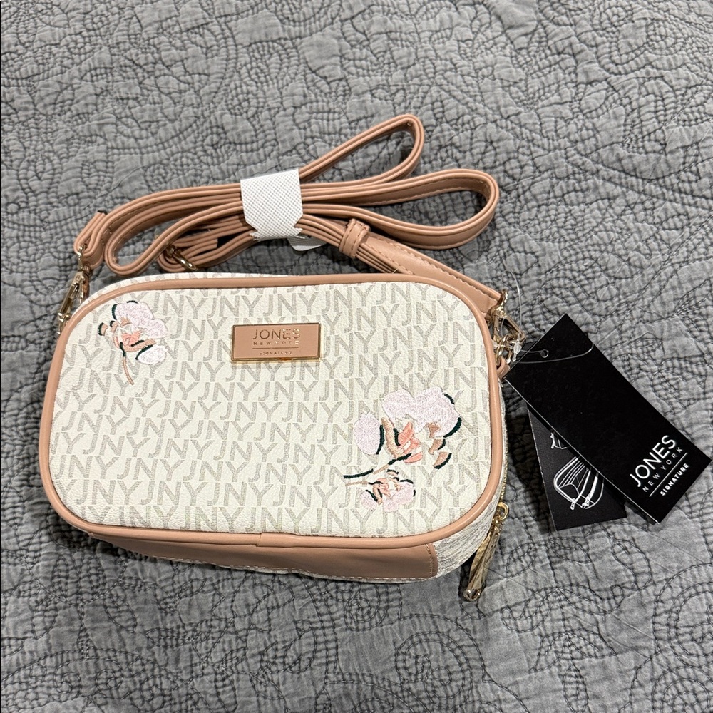 NWT Jones New York Cream and Tan Crossbody Bag with Floral Design